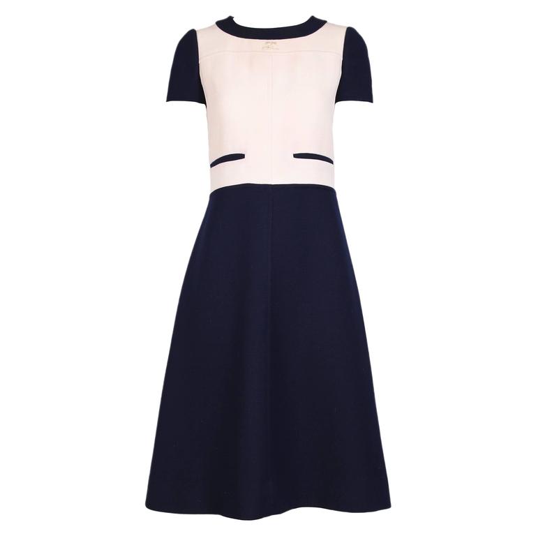 Courreges Navy And Creme Color Block Cap Sleeve Wool Day Dress For Courreges Navy Creme Color Block Cap Sleeve Wool Day Dress For