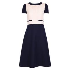 Courreges Navy & Creme Color Block Cap Sleeve Wool Day Dress 9