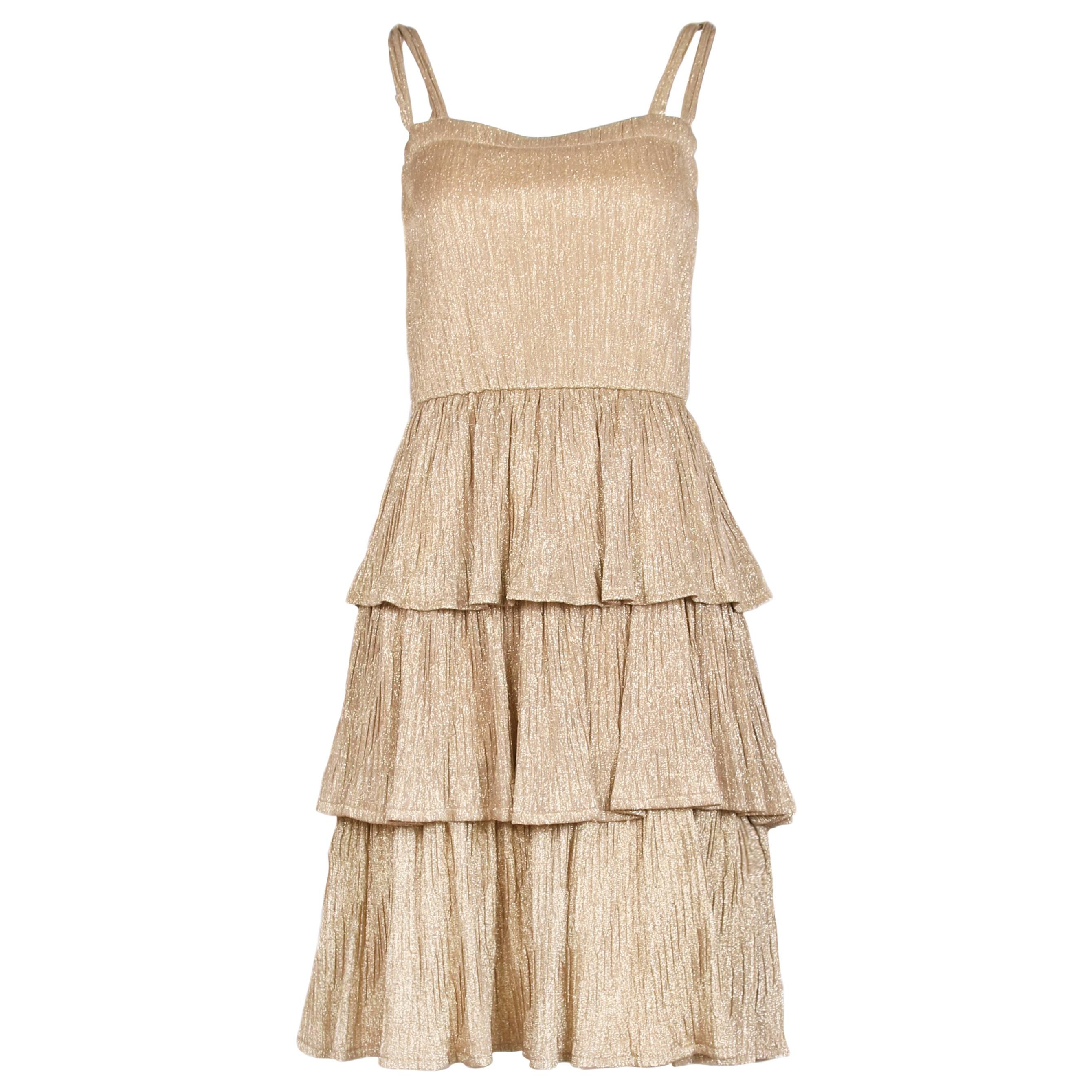 1970's Gold Lurex Multi-Tiered Pleated Party Dress