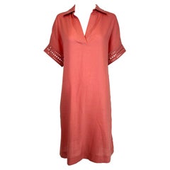 Loro Piana Rosa Lino Trabajo Abierto Vestido Bordado con Bolsillos 42