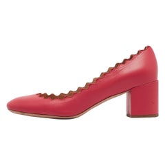 Chloe Pink Leather Scalloped Block Heel Pumps Size 36