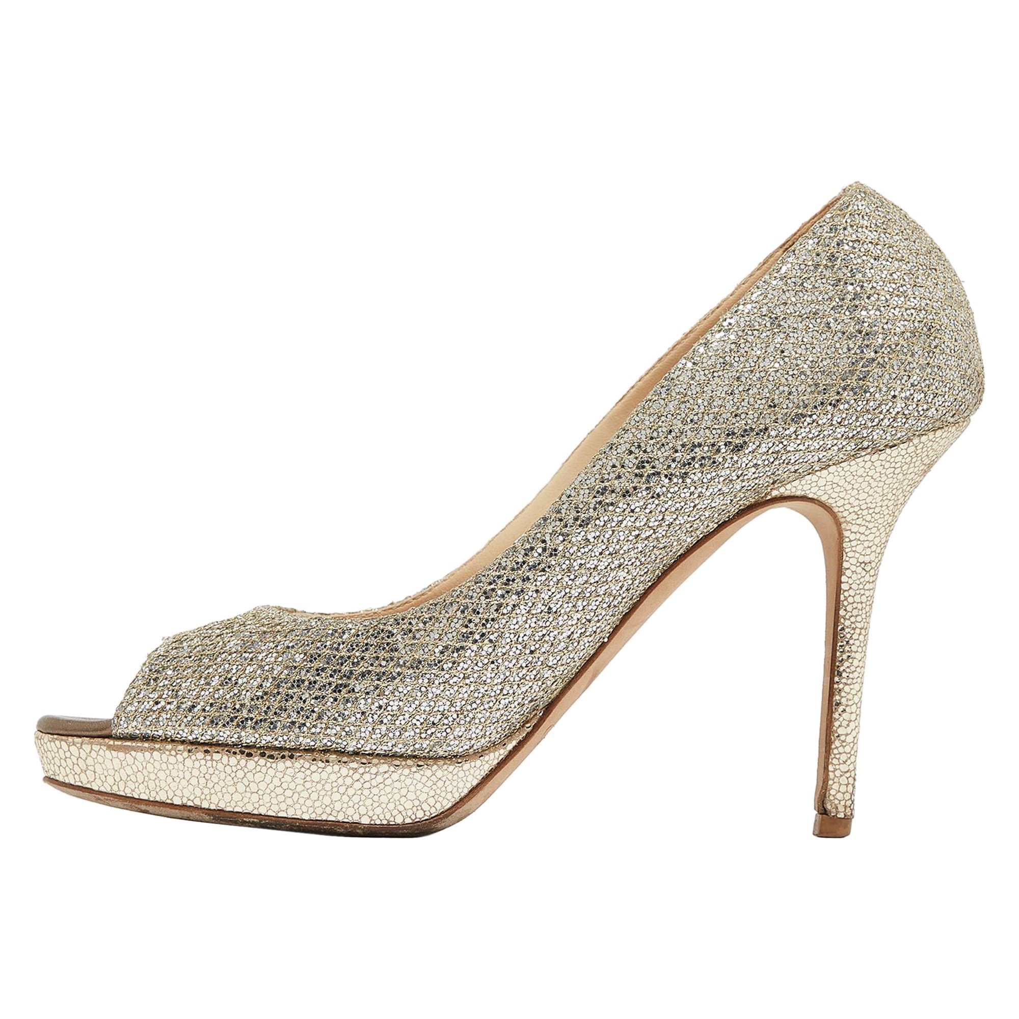 Jimmy Choo Gold/Silver Glitter Fabric Luna Pumps Size 38.5 For Sale