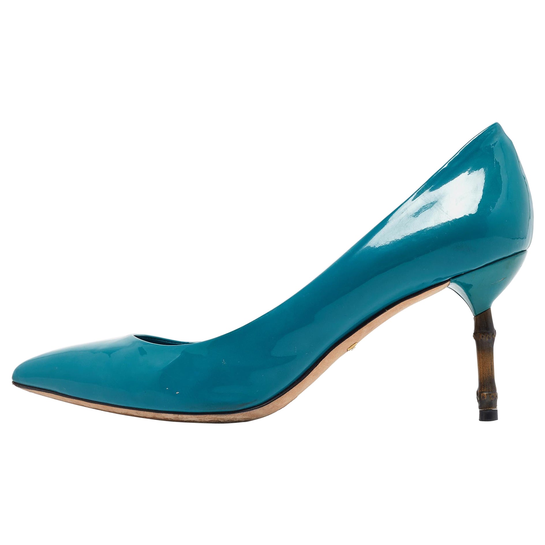 Gucci Green Patent Leather Kristen Bamboo Pumps Size 39 For Sale