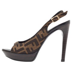 Fendi Brown Zucca Canvas Fendista Peep Toe Slingback Pumps Size 37