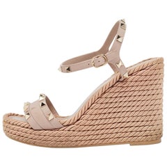 Valentino Beige Leather Rockstud Wedge Sandals Size 39