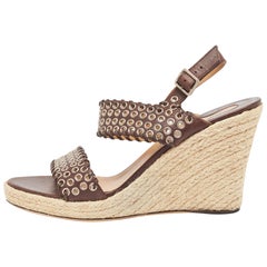 Salvatore Ferragamo Brown Leather Eyelet Embellished Wedge Sandals Size 40.5
