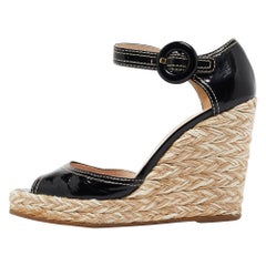 Prada Black Patent Leather Wedge Ankle Strap Sandals Size 37.5