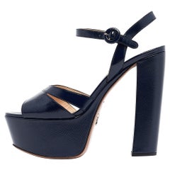 Prada Navy Blue Vernice Saffiano Leather Platform Ankle Strap Sandals Size 39