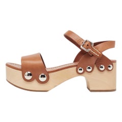 Prada Brown Leather Wooden Platform Ankle Strap Sandals Size 37
