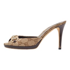 Gucci Beige/Brown Canvas GG Slide Sandals Size 35.5