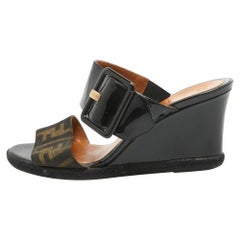 Fendi Brown/Black Zucca Canvas and Patent Leather Wedge Sandals Size 35