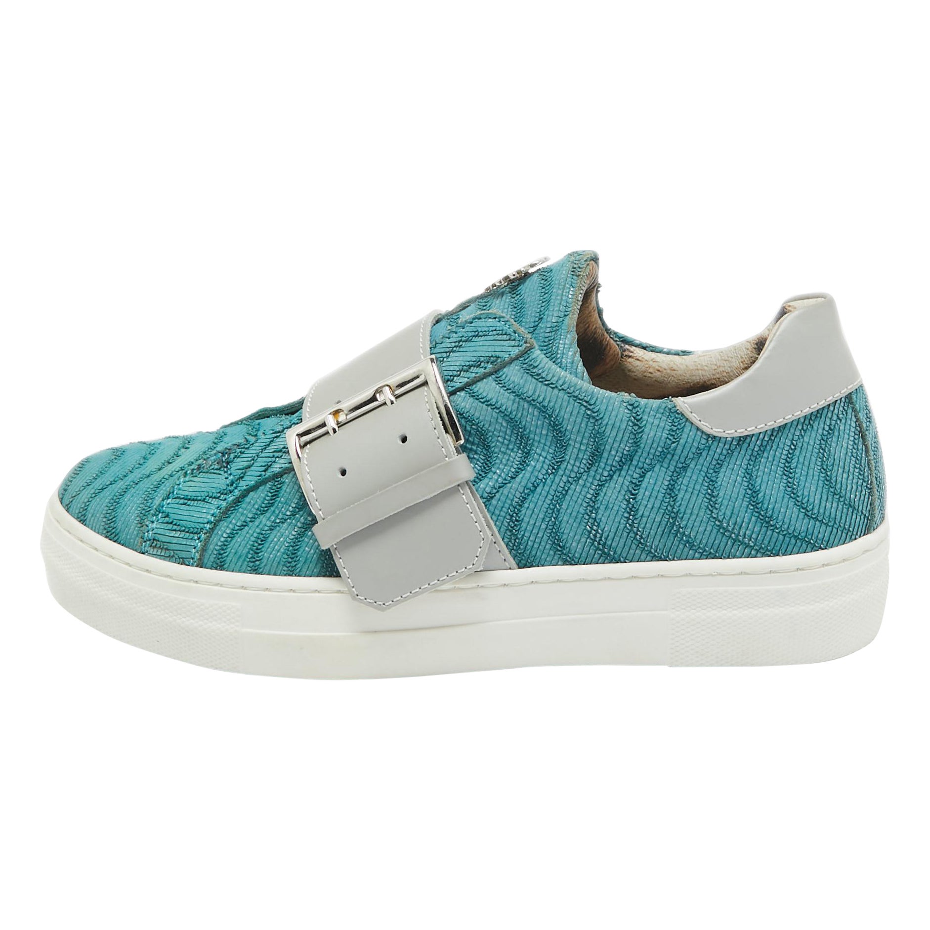 Roberto Cavalli Blue/Grey Leather Buckle Sneakers 35 For Sale