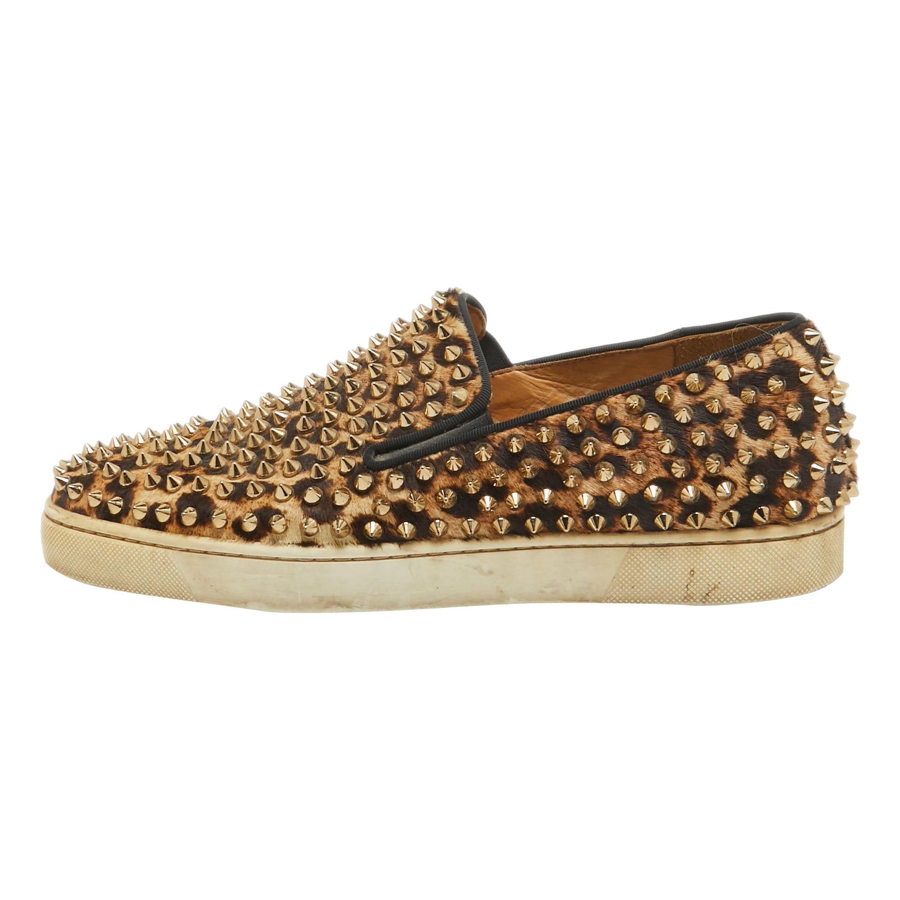 Christian Louboutin Beige/Brown Leopard Print Calf Hair Sneakers Size 40.5 For Sale
