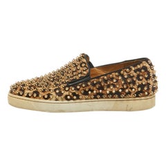 Used Christian Louboutin Beige/Brown Leopard Print Calf Hair Sneakers Size 40.5