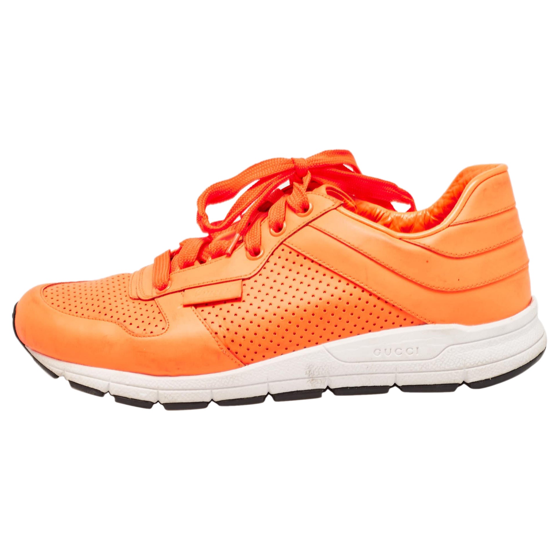 Gucci Neon Orange Perforated Leather Low Top Sneakers Size 40.5 For Sale