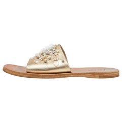Miu Miu Gold Leather Crystal Embellished Open Toe Flat Slides Size 40