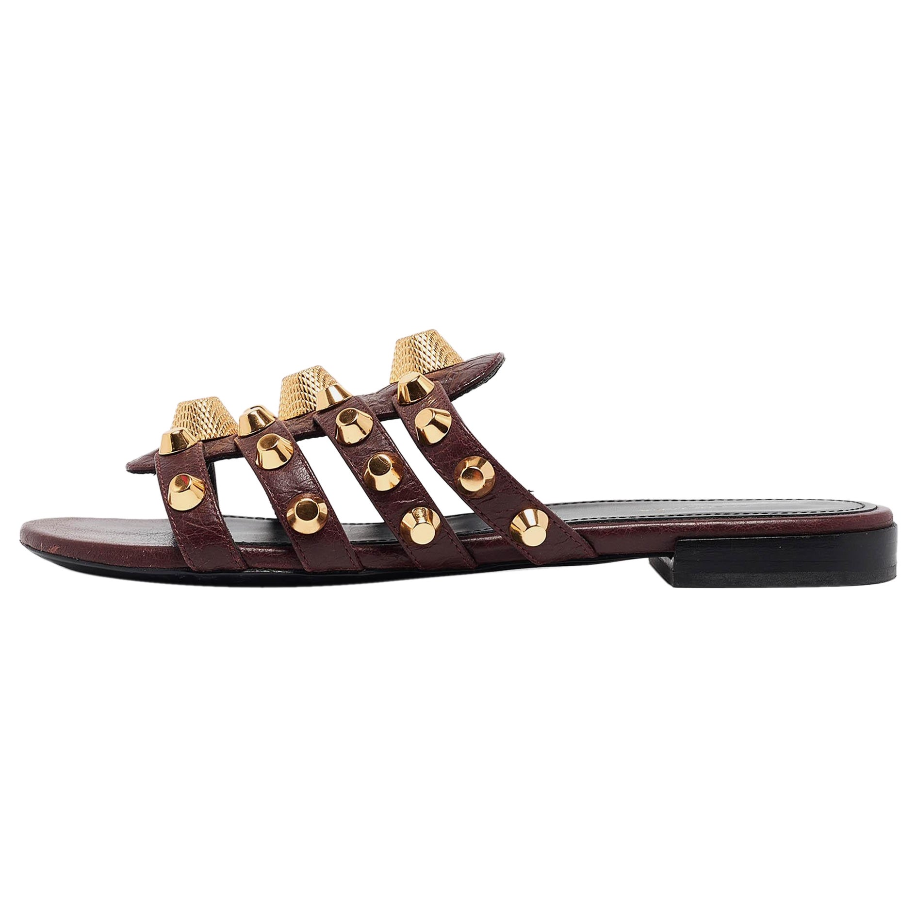Balenciaga Burgundy Leather Studded Arena Flat Slides Size 36