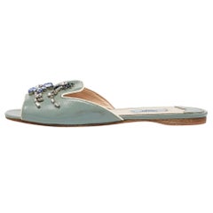 Prada Grey Patent Leather Crystal Embellished Flat Slides Size 38
