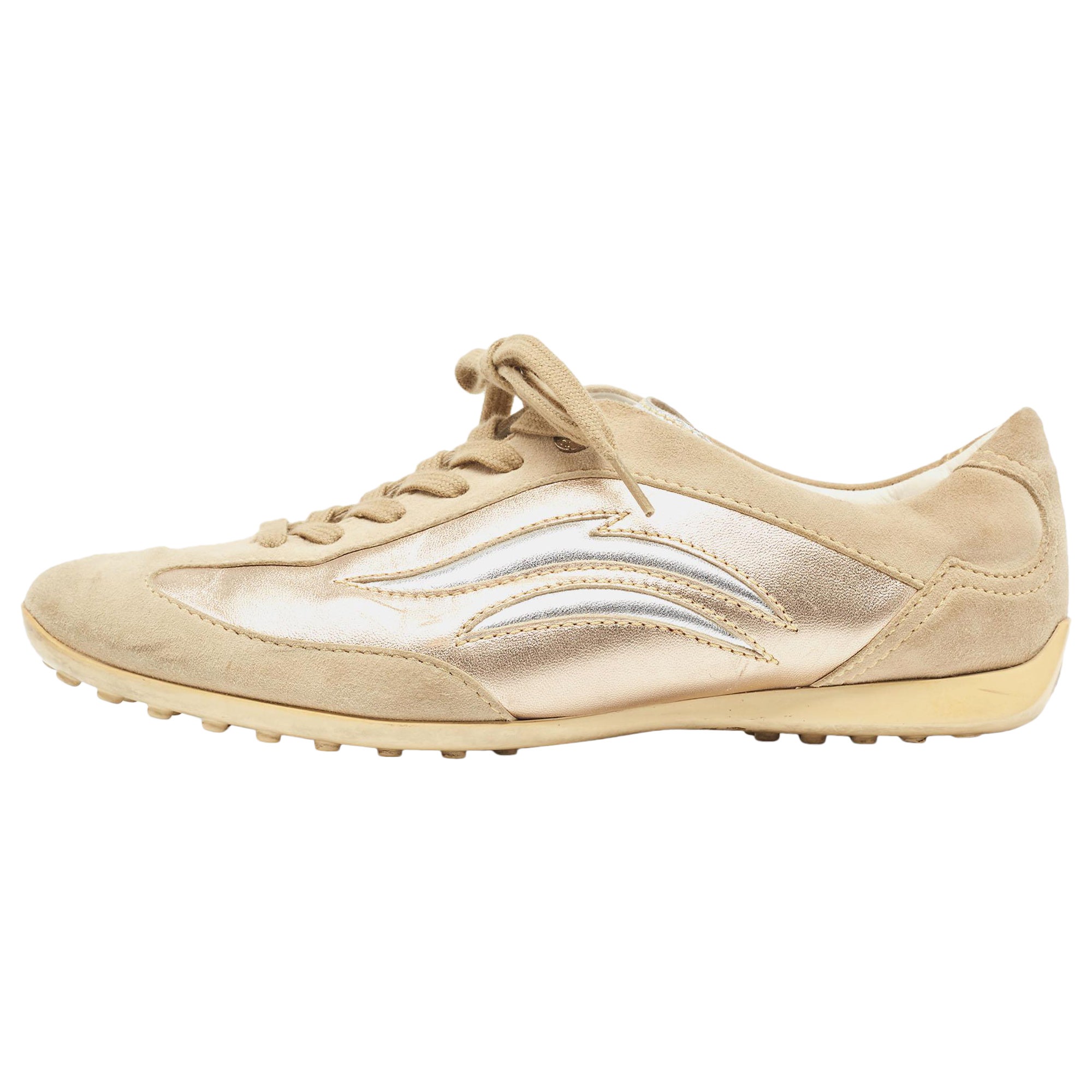 Tod's Grey/Beige Suede and Leather Low Top Sneakers Size 37.5 For Sale