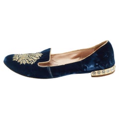 Miu Miu Blue Embroidered Velvet Crystal Embellished Smoking Slippers Size 37