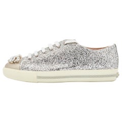 Miu Miu Silver Glitter and Leather Crystal Embellished Sneakers Size 39