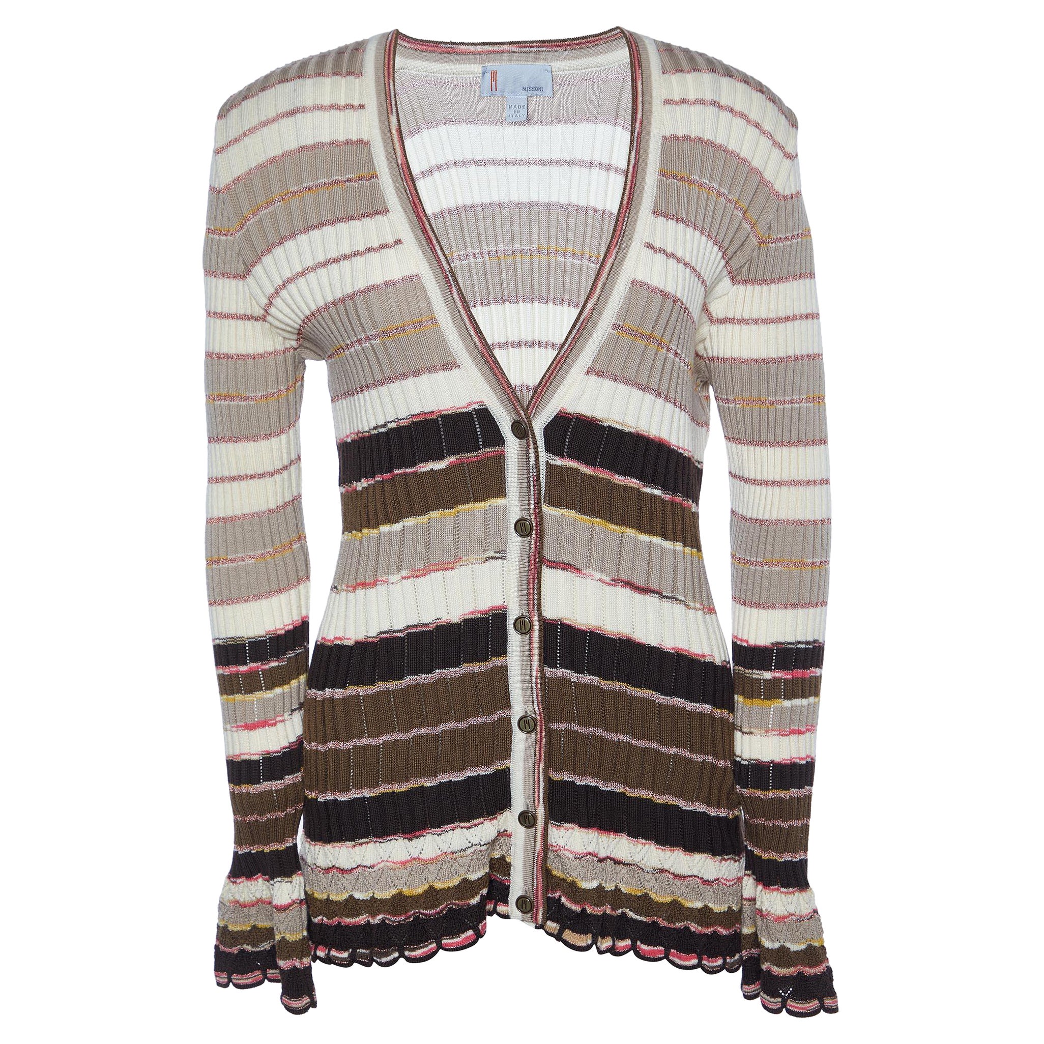 M Missoni Beige Striped Knit Button Front Cardigan L en vente