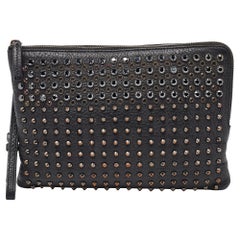 MCM Black Leather Embellished Zip Wristlet Pouch