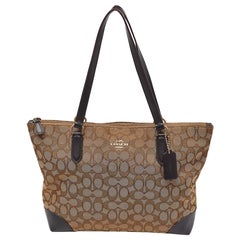 Coach Beige/Brown Signature Jacquard and Leather Zip Tote