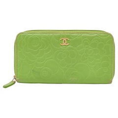 Chanel Green Leather Camellia Zip Around Wallet