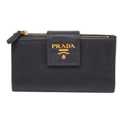 Prada Black Saffiano Metal Leather Compact Wallet