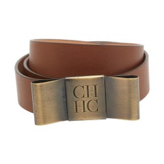 Carolina Herrera Brown Leather Metal Bow Waist Belt 85CM