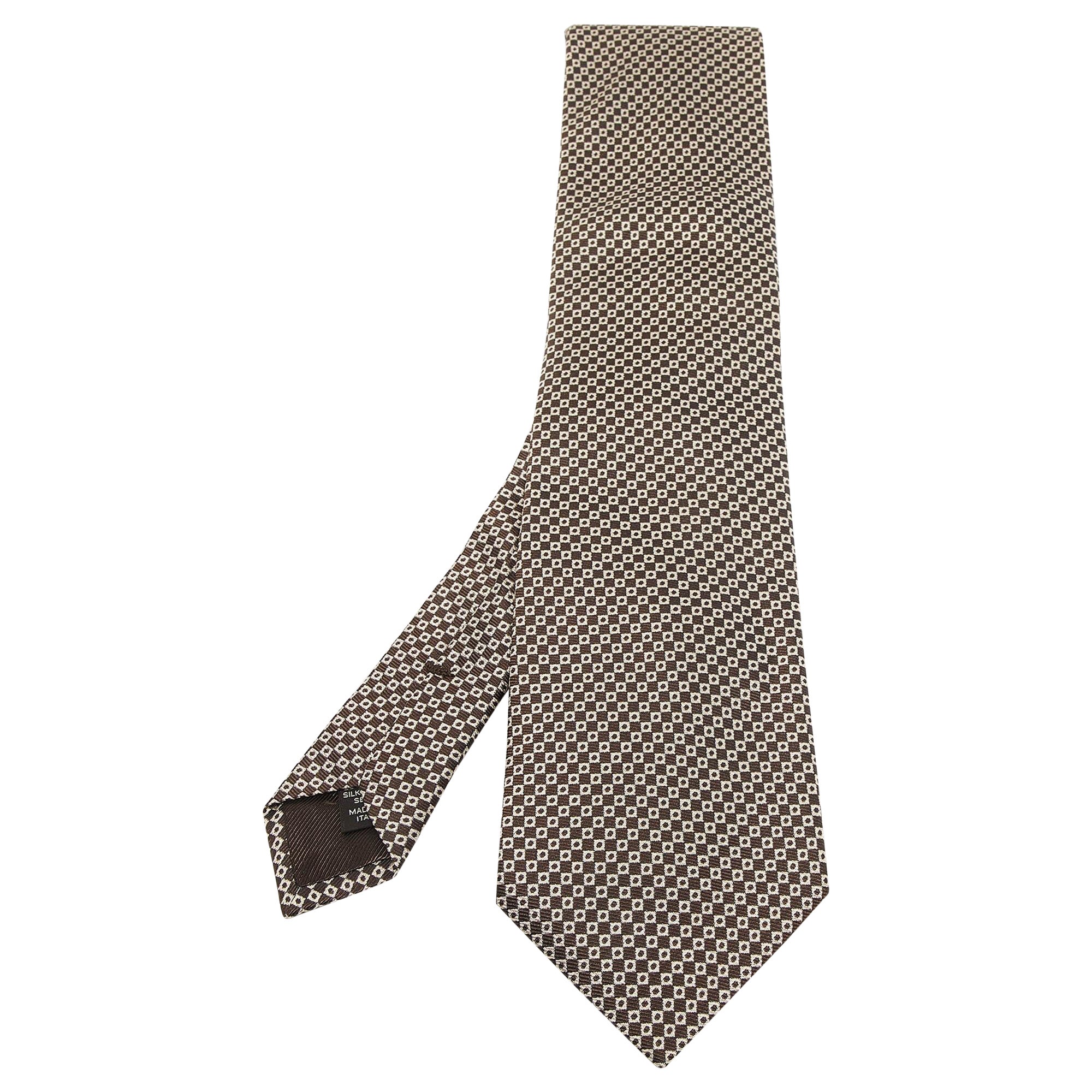 Ermenegildo Zegna Brown/White Square Pattern Jacquard Silk Tie