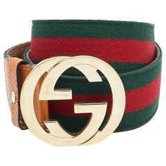Gucci Beige Web Canvas and Leather Interlocking G Buckle Belt 90CM