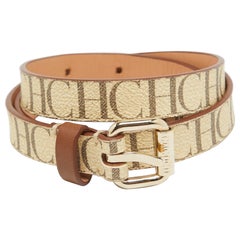 CH Carolina Herrera Beige/Brown Monogram Coated Canvas Slim Belt 80 CM