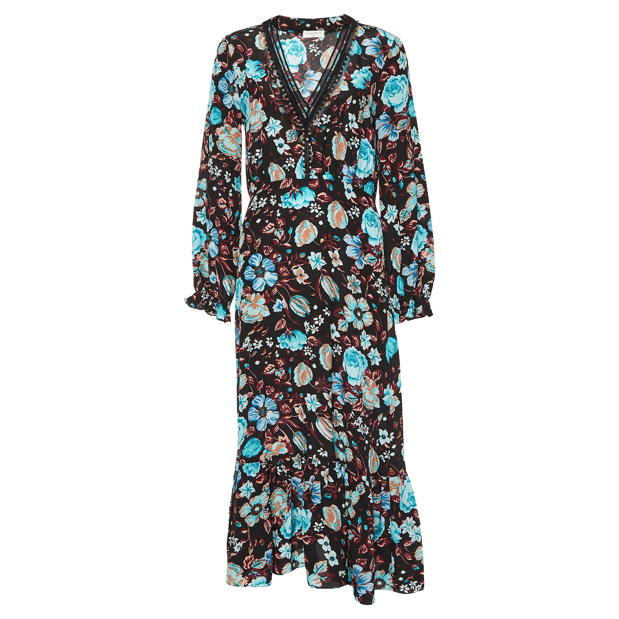 Sandro Black Floral Printed Silk Midi Dress S For Sale
