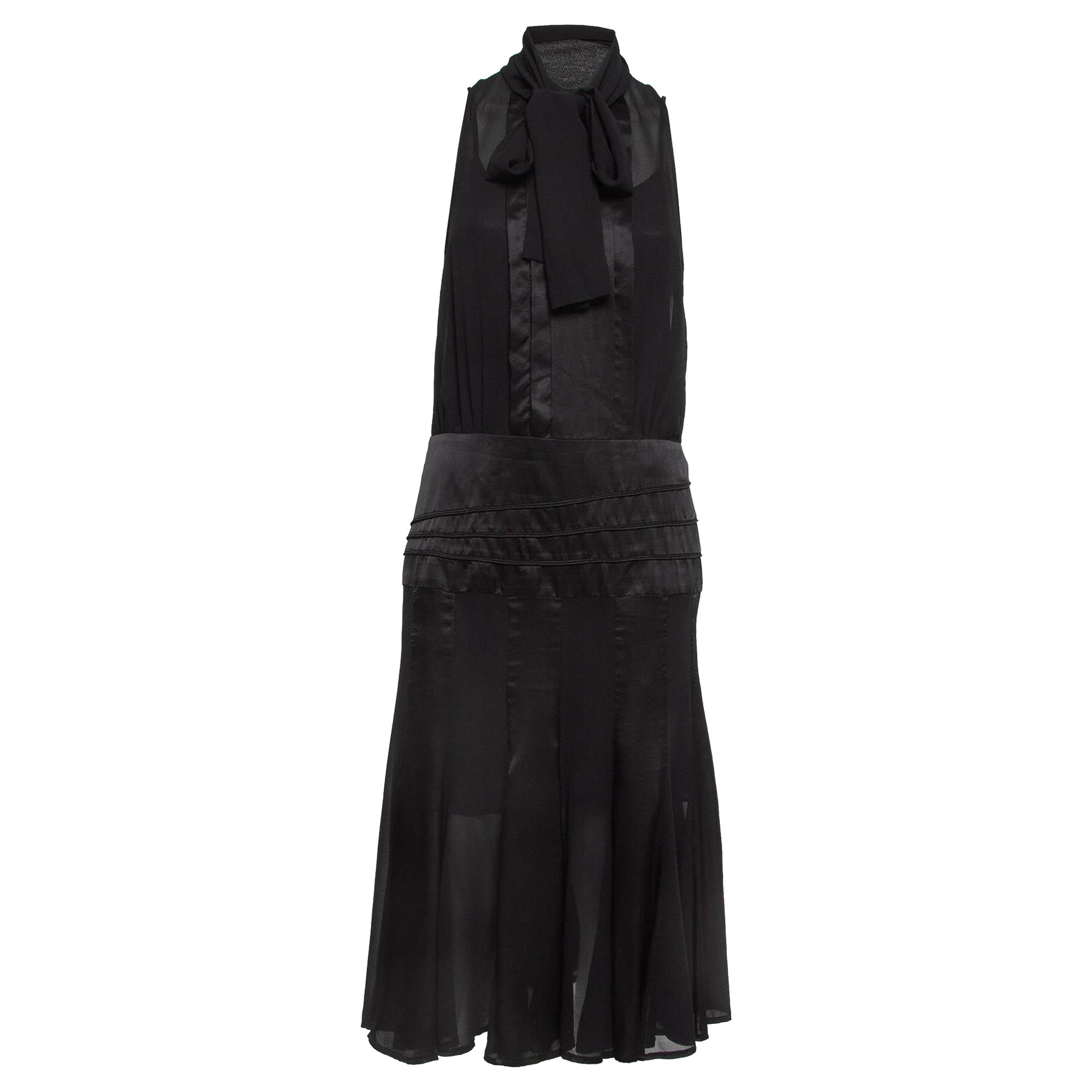 Elisabetta Franchi Black Satin Trim Chiffon Detachable Tie-Up Sleeveless Dress M For Sale