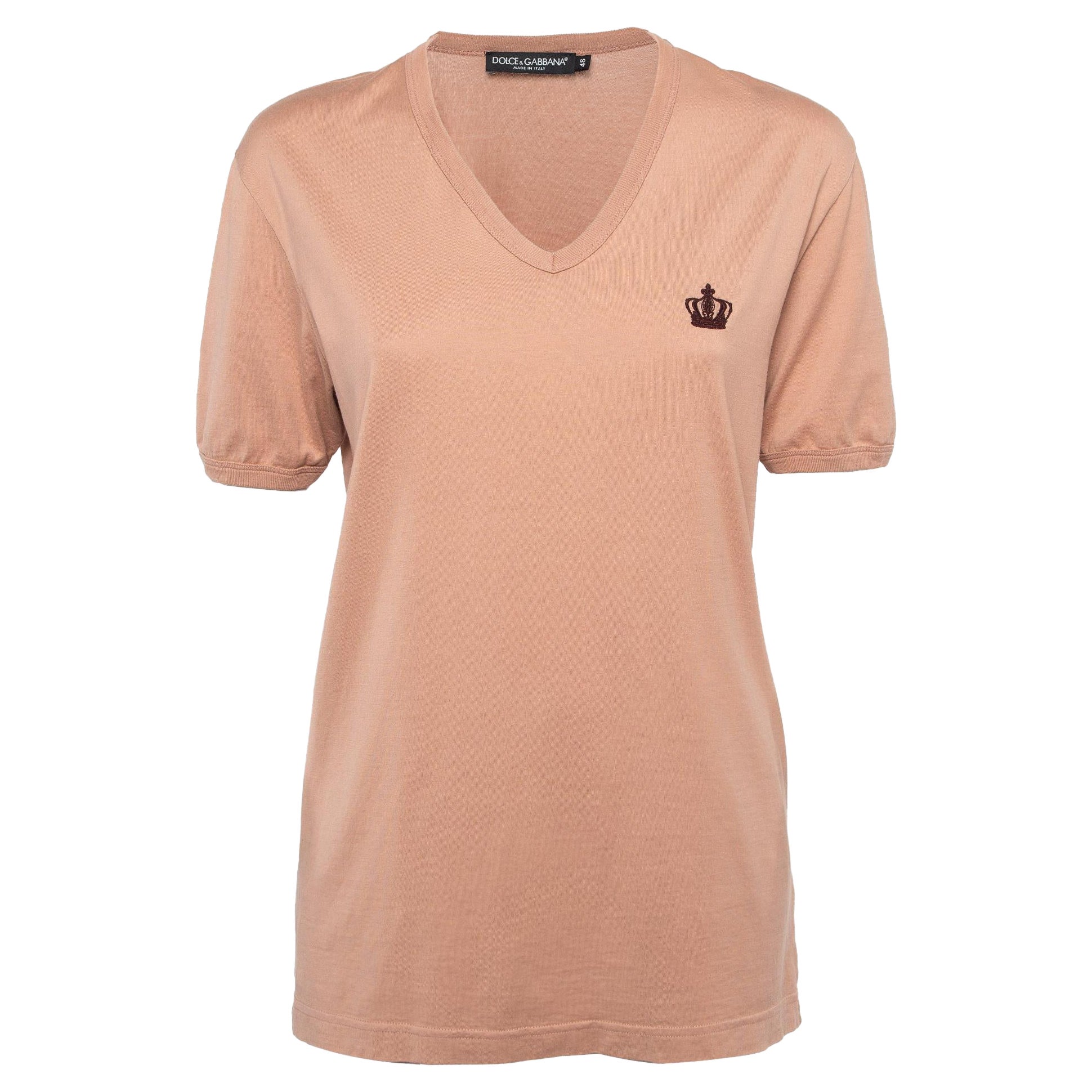 Dolce & Gabbana Orange Cotton Knit V-Neck T-Shirt L For Sale