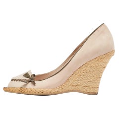 Salvatore Ferragamo Beige Nubuck Leather Peep Toe Wedge Pumps Size 38.5