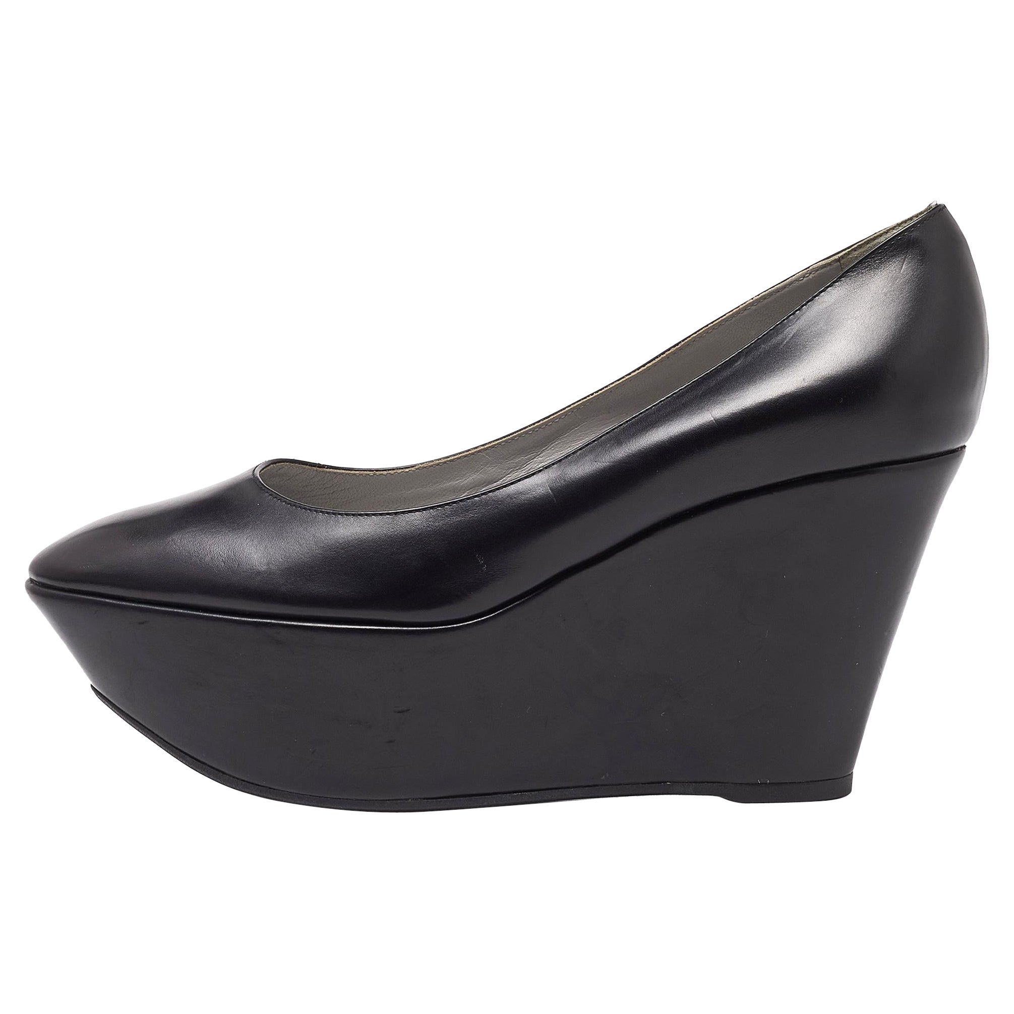 Sergio Rossi Black Leather Wedge Platform Pumps Size 38 For Sale
