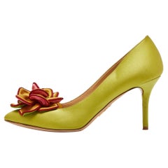 Charlotte Olympia Green Satin Flower Detail Pointed Toe Pumps Size 37