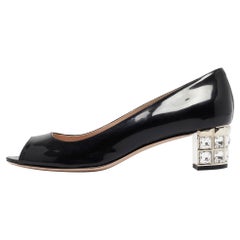 Miu Miu Black Patent Leather Crystals Heel Peep Toe Pumps Size 36