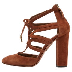 Aquazzura Brown Suede Lace Up Block Heel Pumps Size 39