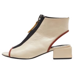 Marni Cream/Black Leather Zip Detail Open Toe Slingback Sandals Size 35 (Sandales à talon aiguille en cuir crème/noir)