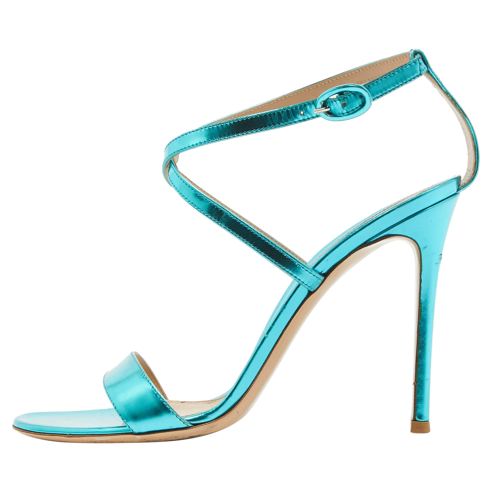 Gianvito Rossi Metallic Blue Leather Cross Ankle Strap Sandals Size 39 For Sale