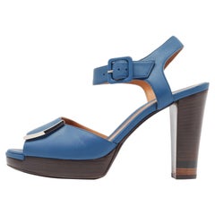 Fendi Blue Leather Metal Logo Open-Toe Ankle-Strap Platform Sandals Size 39