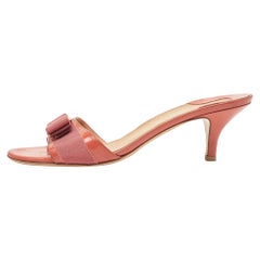 Salvatore Ferragamo Orange Patent Leather Bow Slide Sandals Size 37.5