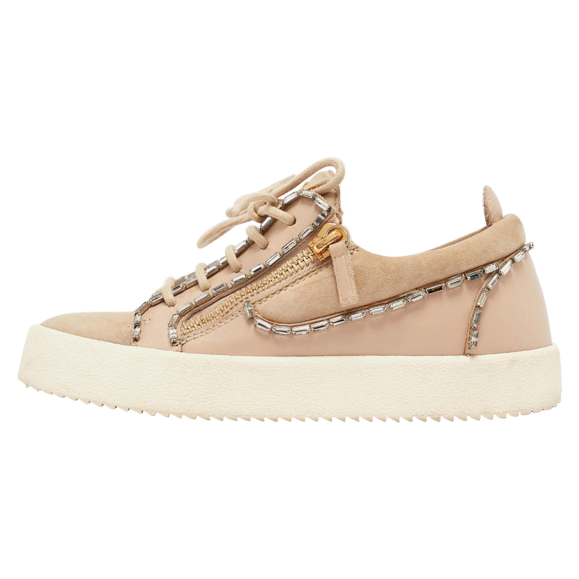 Gisueppe Zanotti Beige Nubuck e Pelle Doppia Zip Sneakers Basse Taglia 36