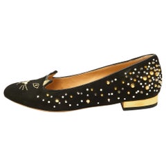 Charlotte Olympia Black Suede Kitty Spikes Ballet Flats Size 37.5