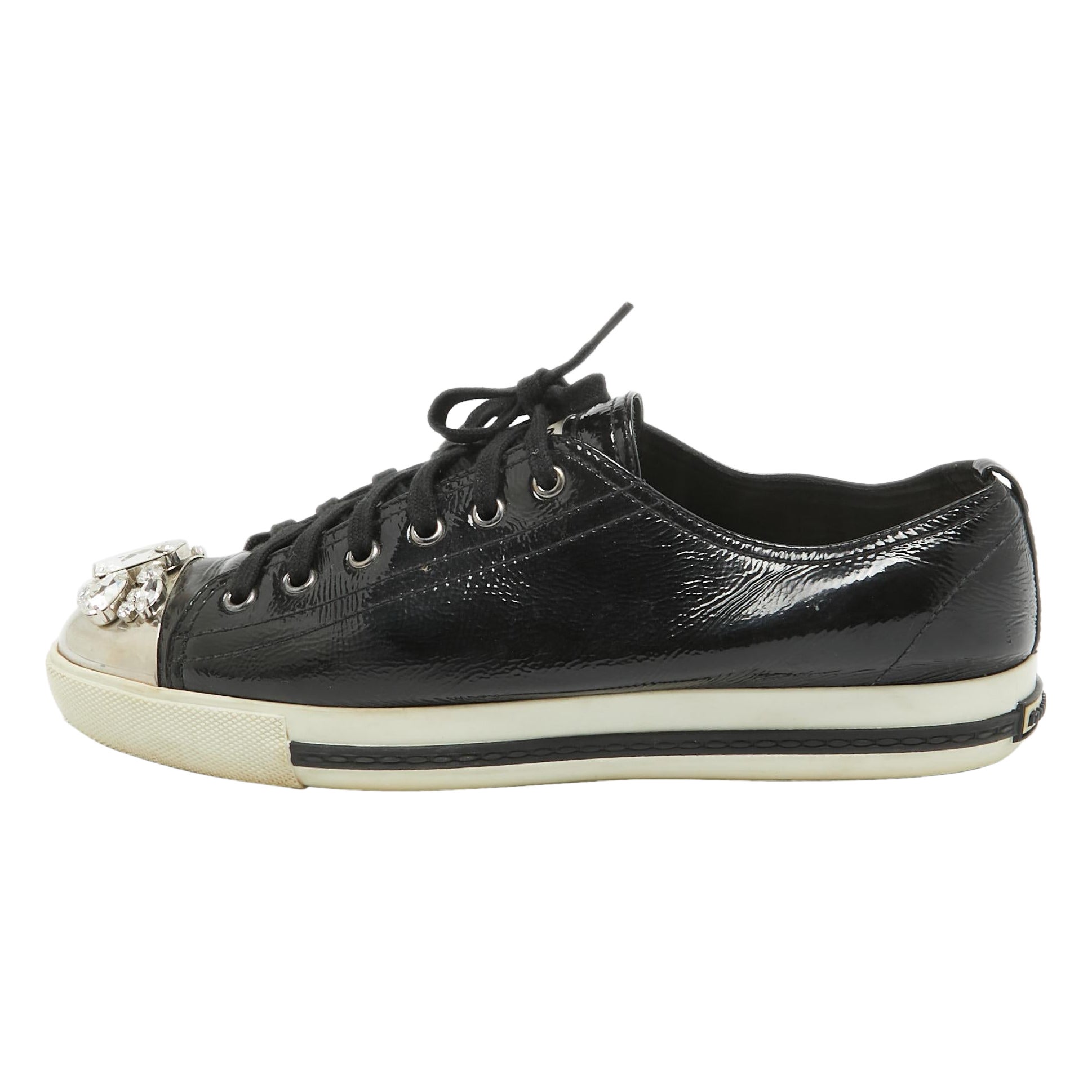 Miu Miu Black Patent Leather Crystal Embellished Cap Toe Sneakers Size 41
