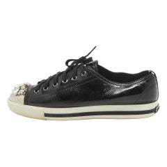 Miu Miu Black Patent Leather Crystal Embellished Cap Toe Sneakers Size 41